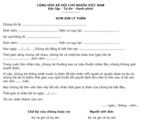 Cập Nhật Mẫu Giấy Ly Thân Mới Nhất